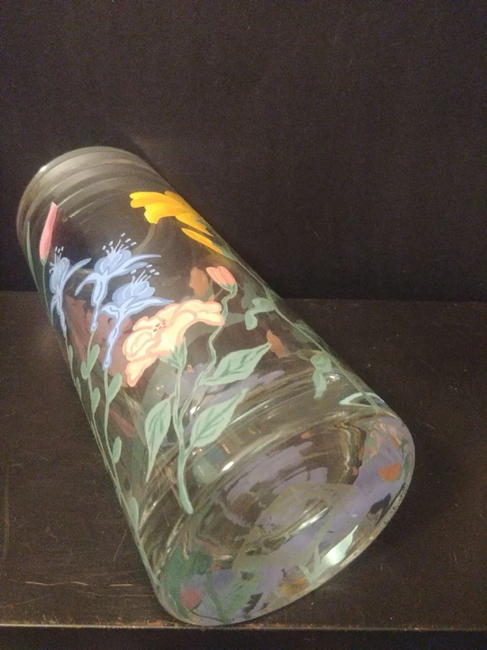 Pottery Barn Thick Glass Cylinder Canister Vase Custom Floral Painted